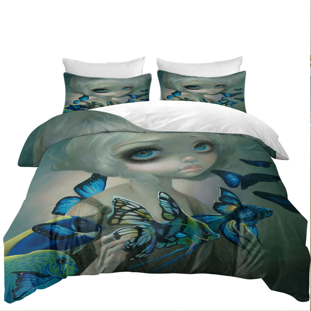 Duvet Covers with Beautiful Girl and the Blue Fish Butterflies