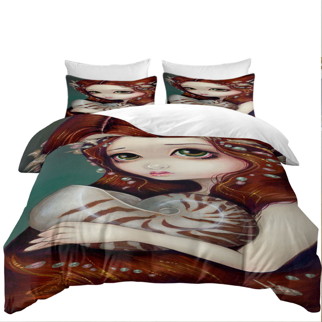 Duvet Covers with Big Eyed Beautiful Princess Girl and Nautilus Shell