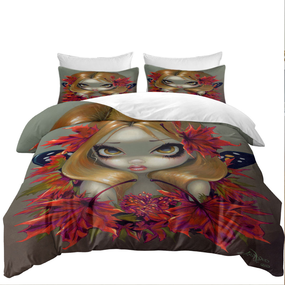 Duvet Covers with Big Eyed Fairy Portrait the Red Maple Leaves Fairy