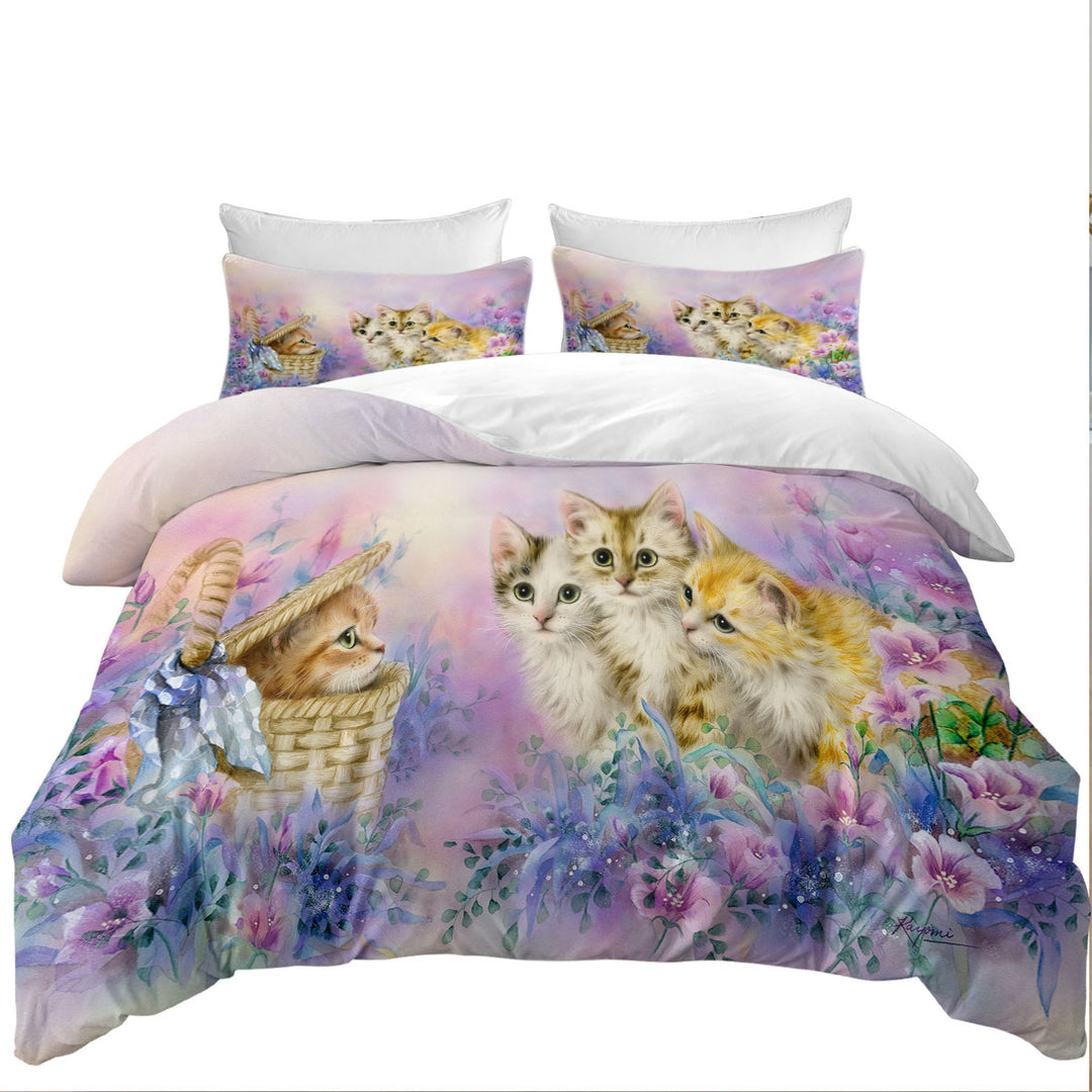 Duvet Covers with Cats Art Adorable Cute Kittens in Flower Garden