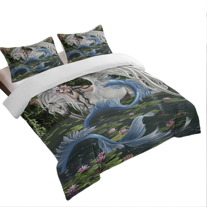 Duvet Covers with Cool Fantasy Art Pegasus and Water Lilies Pond Mermaid