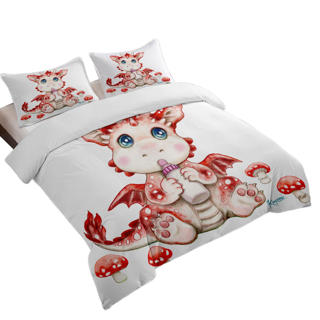 Duvet Covers with Cute Art for Kids Red Mushrooms and Dragon