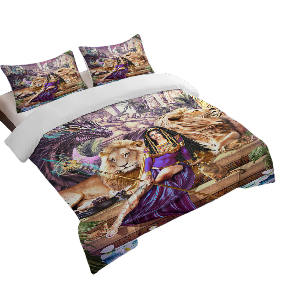 Duvet Covers with Egyptian Art Lions Dragon and Princess Cleopatra