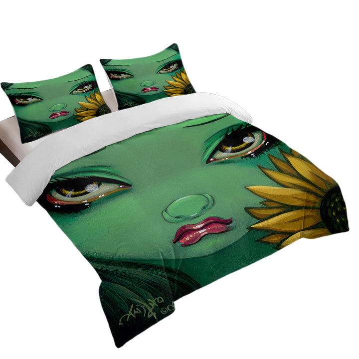 Duvet Covers with Faces of Faery _19 Green Girl with Sunflower