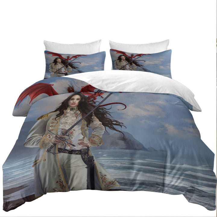 Duvet Covers with Fantasy Art Beautiful Pirate Girl and Her Dragon