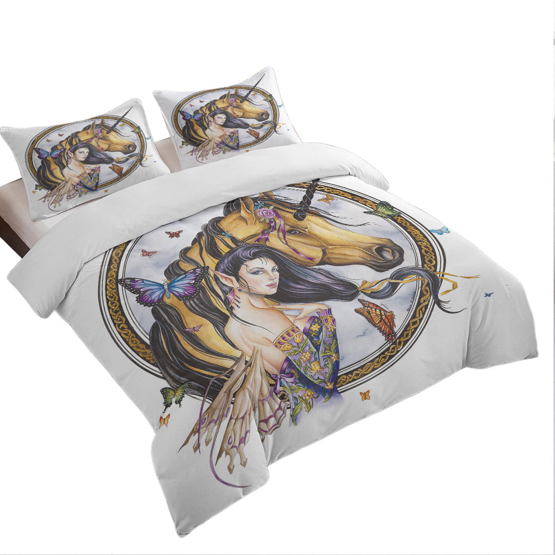 Duvet Covers with Fantasy Art Brown Unicorn and Fairy Princess