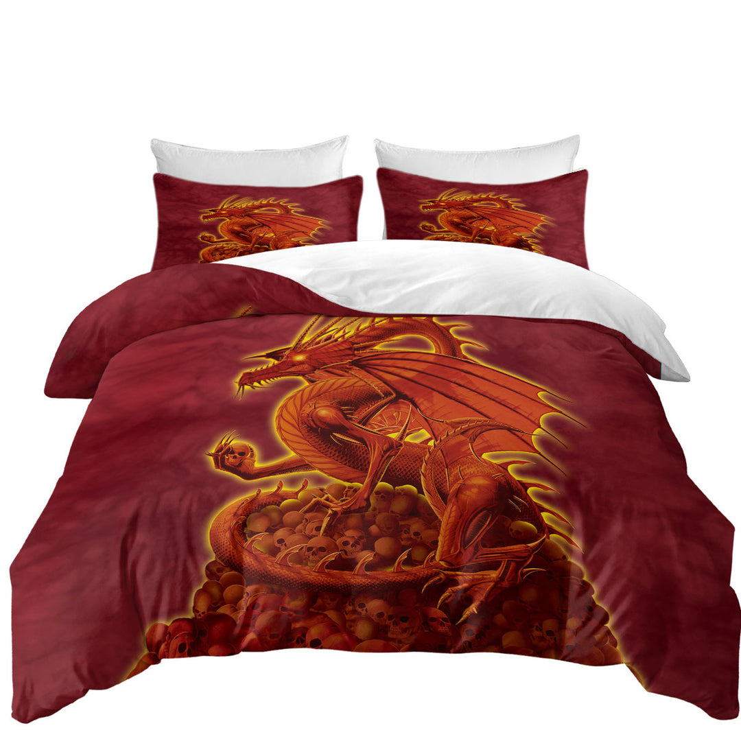 Duvet Covers with Fantasy Art Scary Human Skulls Red Dragon