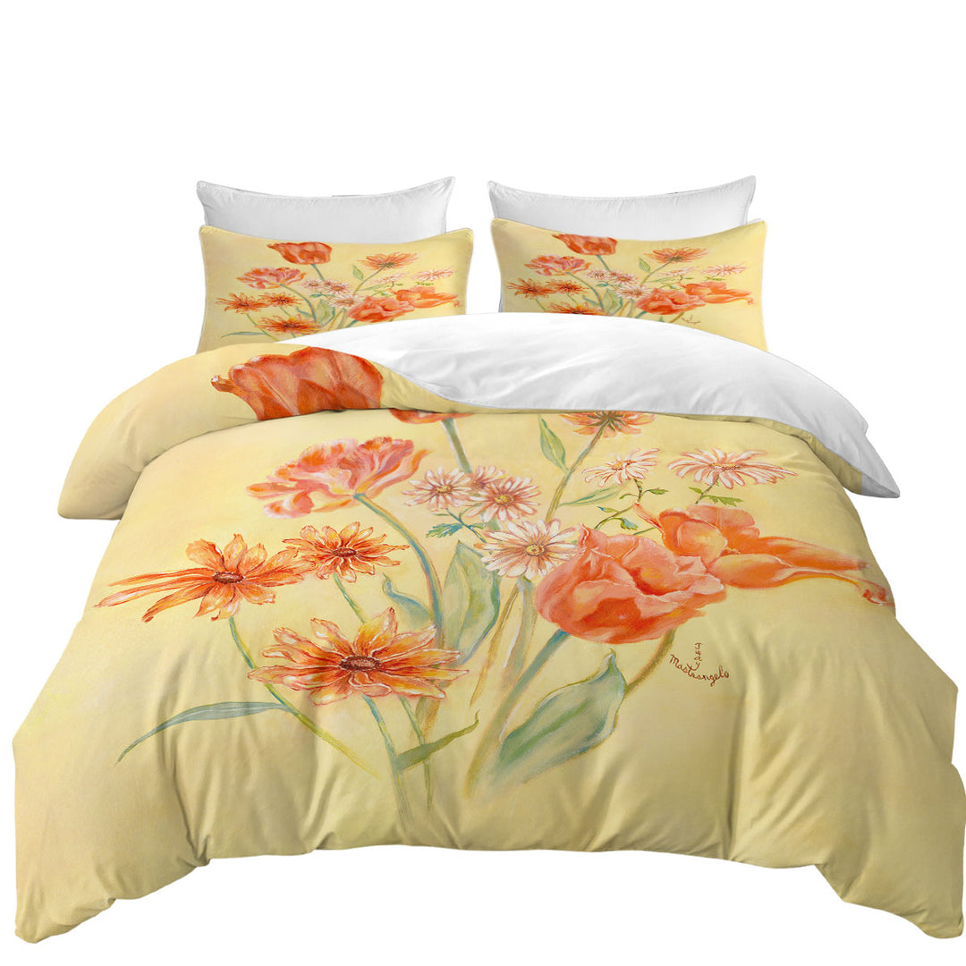 Duvet Covers with Floral Art Painting Tulips and Daisies Flowers