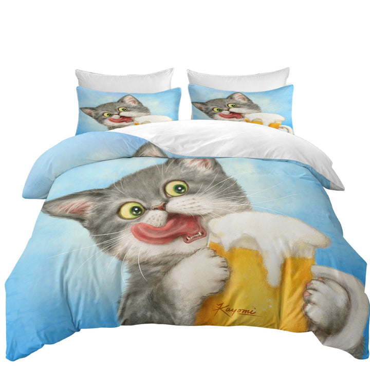 Duvet Covers with Funny Cats Art Crazy for Beer Grey Kitten