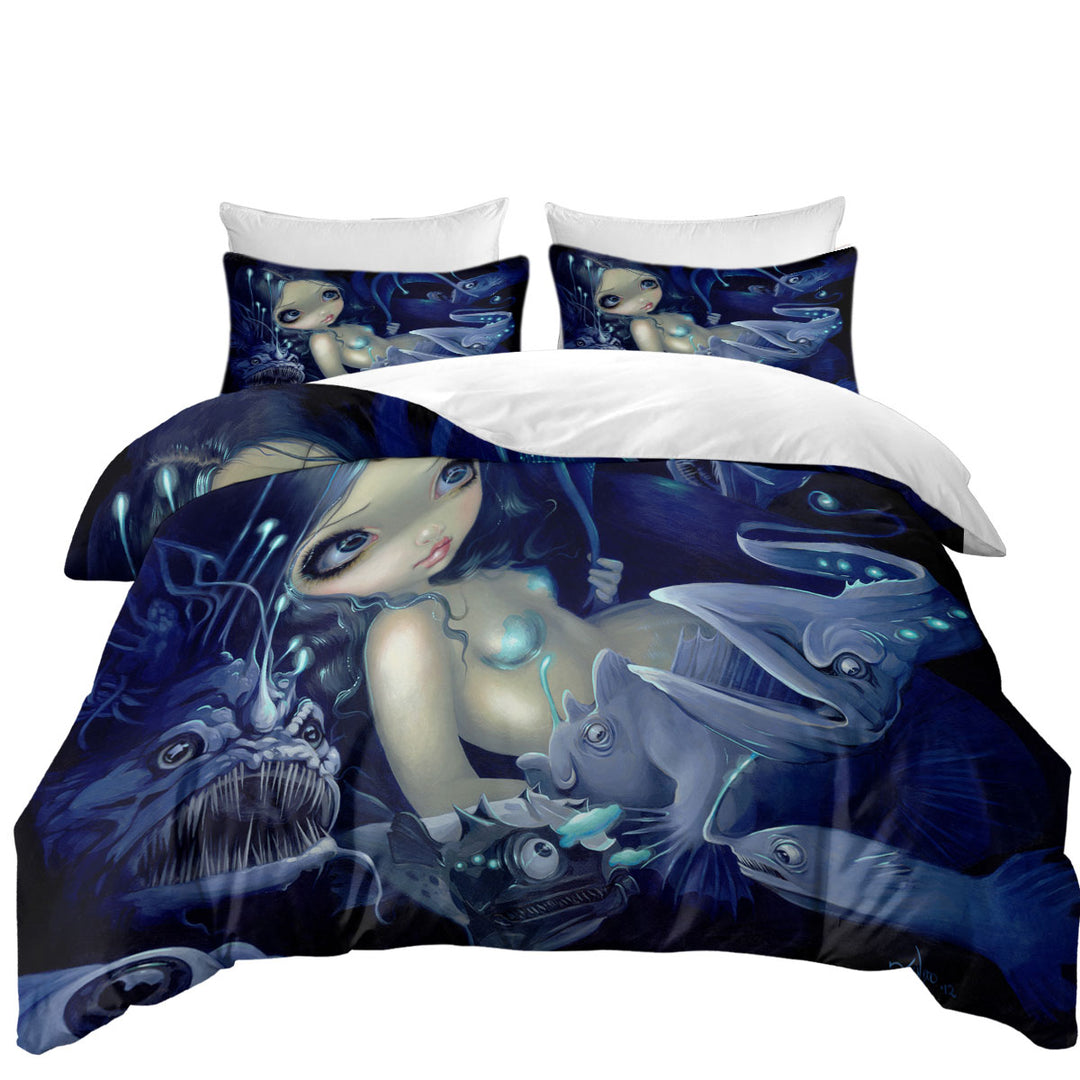 Duvet Covers with In the Abyss Scary Underwater Art Fish and Mermaid