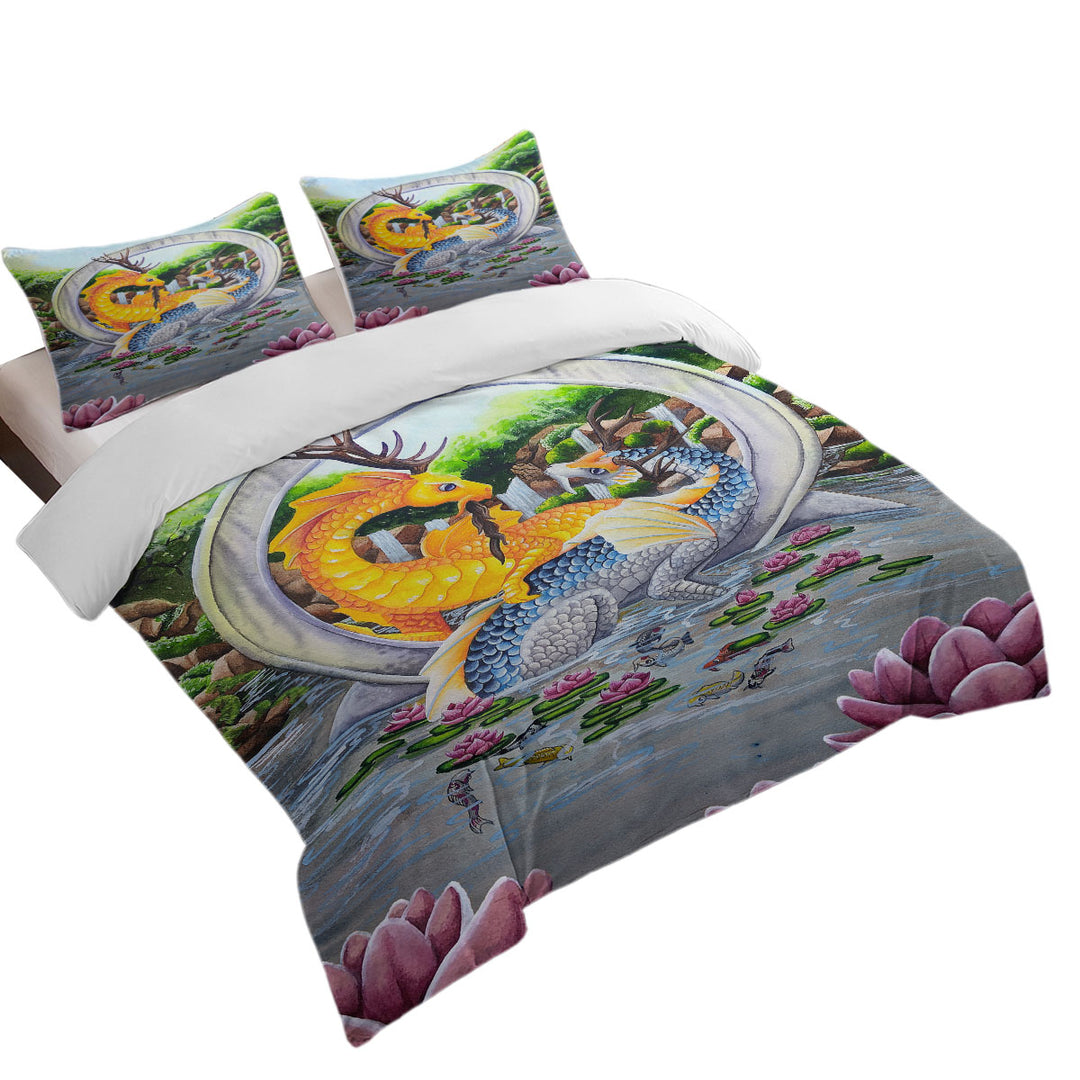 Duvet Covers with Japanese Water Lilies Garden Unity Koi Dragons