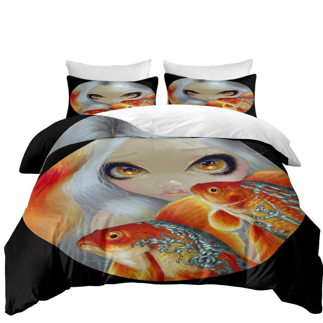 Duvet Covers with Jeweled Fish Silver and Gold Mermaid Art