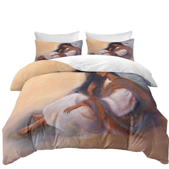 Duvet Covers with Native American Art Sitting Beautiful Indian Girl