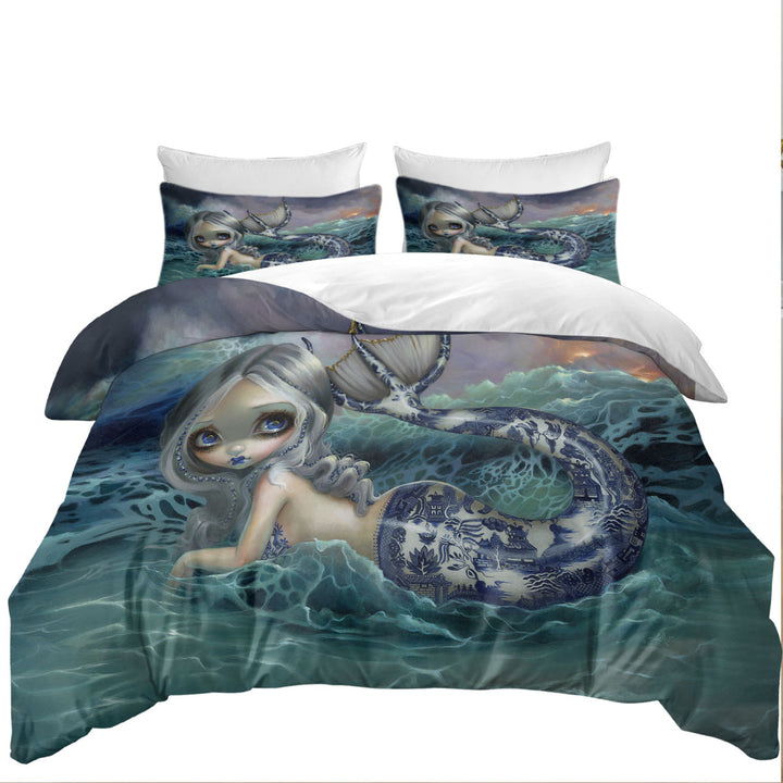 Duvet Covers with Porcelina the Blue Willow Porcelain Tailed Mermaid