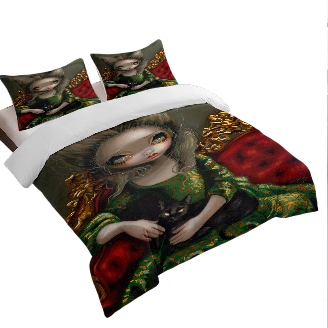 Duvet Covers with Rococo Portrait style Princess with a Black Cat