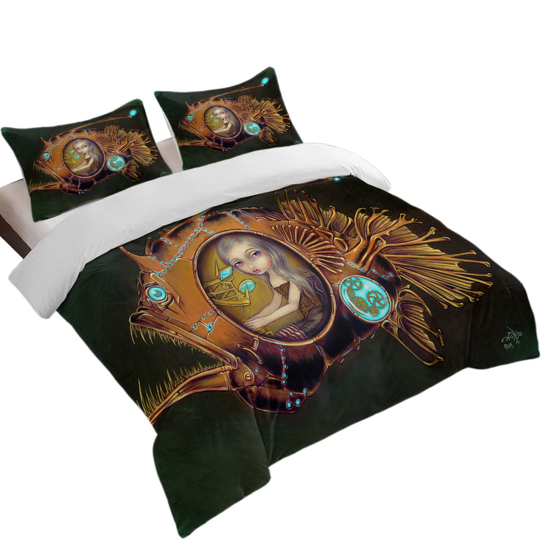 Duvet Covers with Steampunk Anglerfish Submarine Violet Eyed Girl