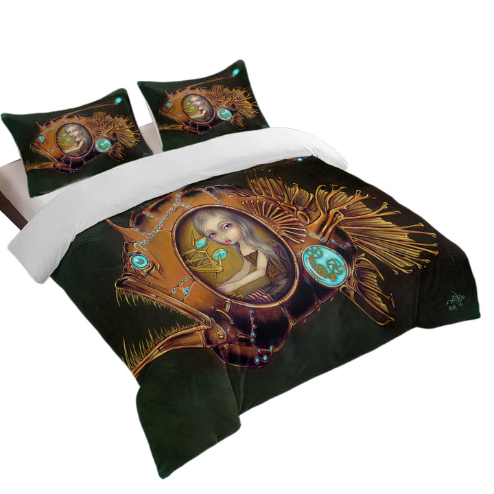 Duvet Covers with Steampunk Anglerfish Submarine Violet Eyed Girl