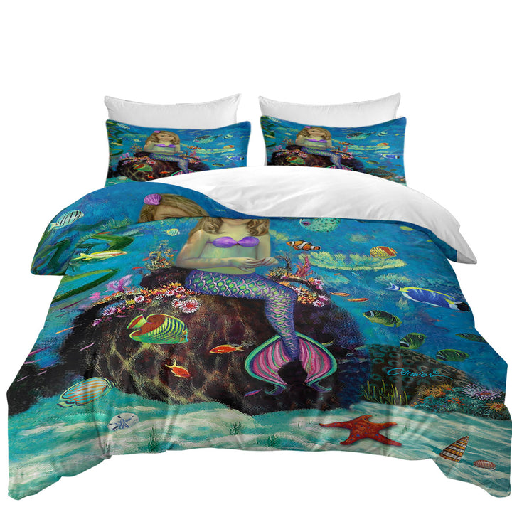 Duvet Covers with Underwater Art Fish and Girl Mermaid on Urn