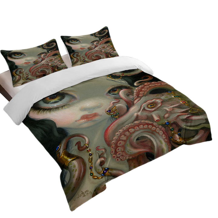 Duvet Covers with Underwater Fantasy Jeweled Octopus and Mermaid