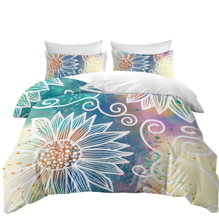 Duvet Covers with White Flower Drawings over Colorful Background