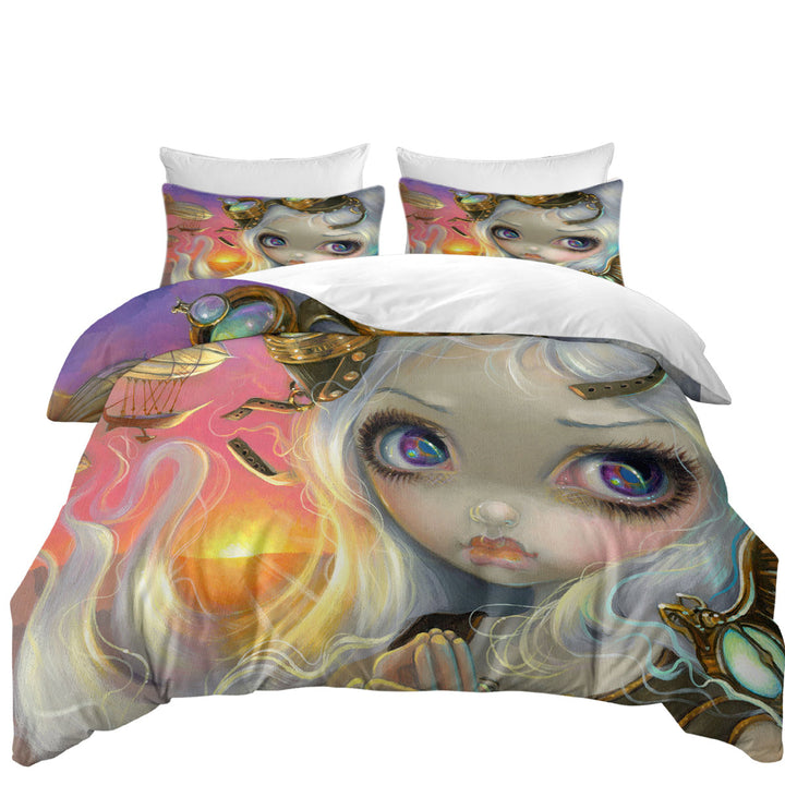 Duvet Covers with Windswept Lovely Steampunk Beautiful Girl at Sunset