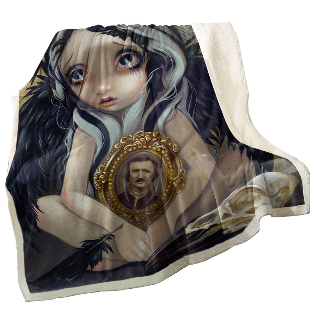 Edgar Allan Poe Nevermore Dark Raven Girl Throw Blanket