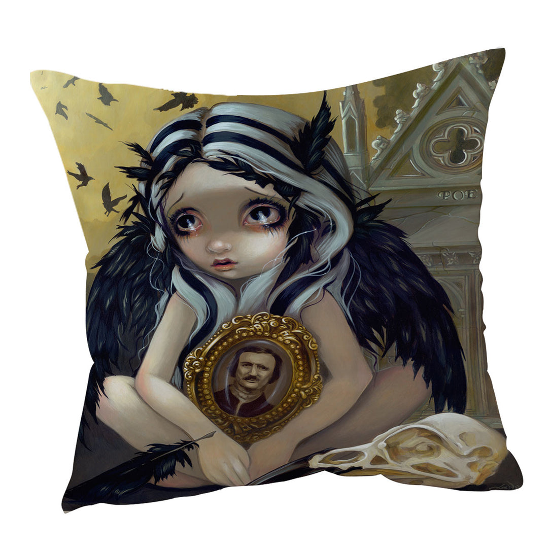 Edgar Allan Poe Nevermore Dark Raven Girl Throw Pillow