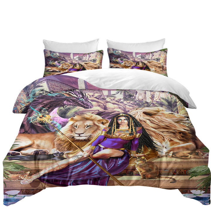 Egyptian Art Lions Dragon and Princess Cleopatra Bed Covers