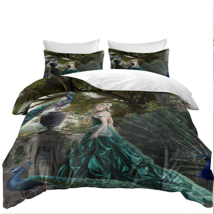 Emerald Fantasy Peacocks and Princess King Size Duvet Cover