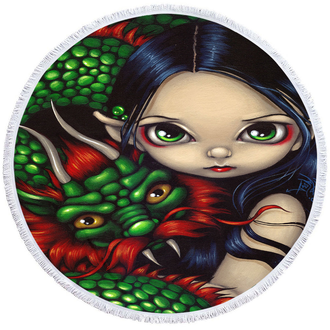 Emerald Guardian Elf Maiden and Her Chinese Dragon Beach Towel