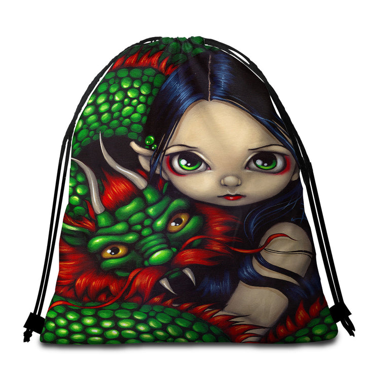 Emerald Guardian Elf Maiden and Her Chinese Dragon Beach Towels and Bags Set