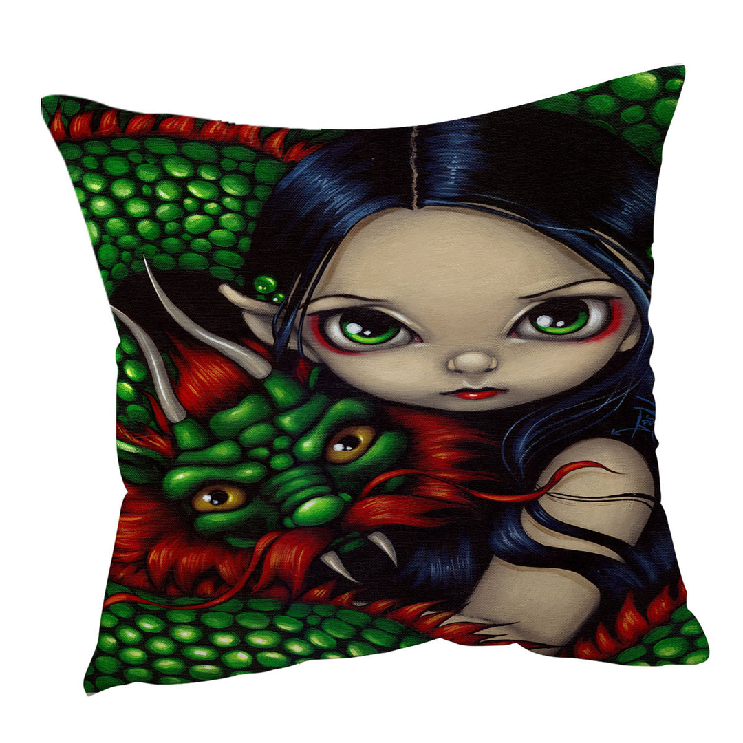 Emerald Guardian Elf Maiden and Her Chinese Dragon Cushion Cover