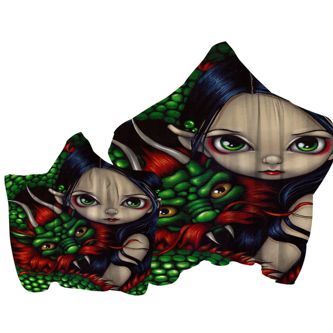 Emerald Guardian Elf Maiden and Her Chinese Dragon Hooded Beach Towel