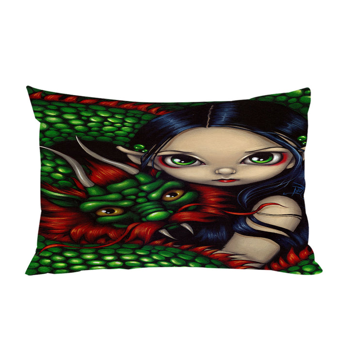 Emerald Guardian Elf Maiden and Her Chinese Dragon Pillow Cases