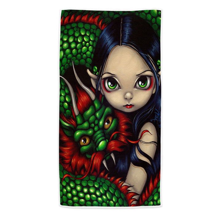 Emerald Guardian Elf Maiden and Her Chinese Dragon Pool Towels