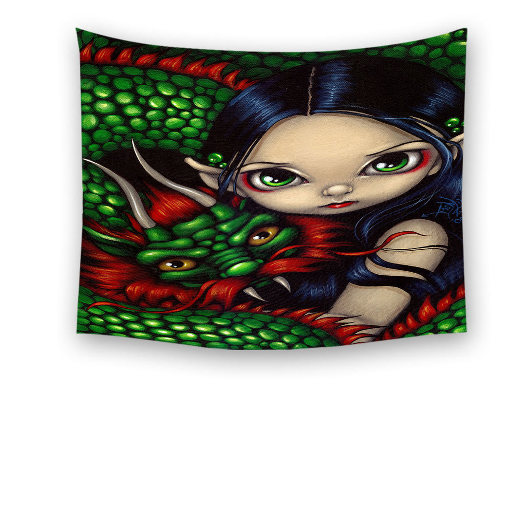 Emerald Guardian Elf Maiden and Her Chinese Dragon Tapestry