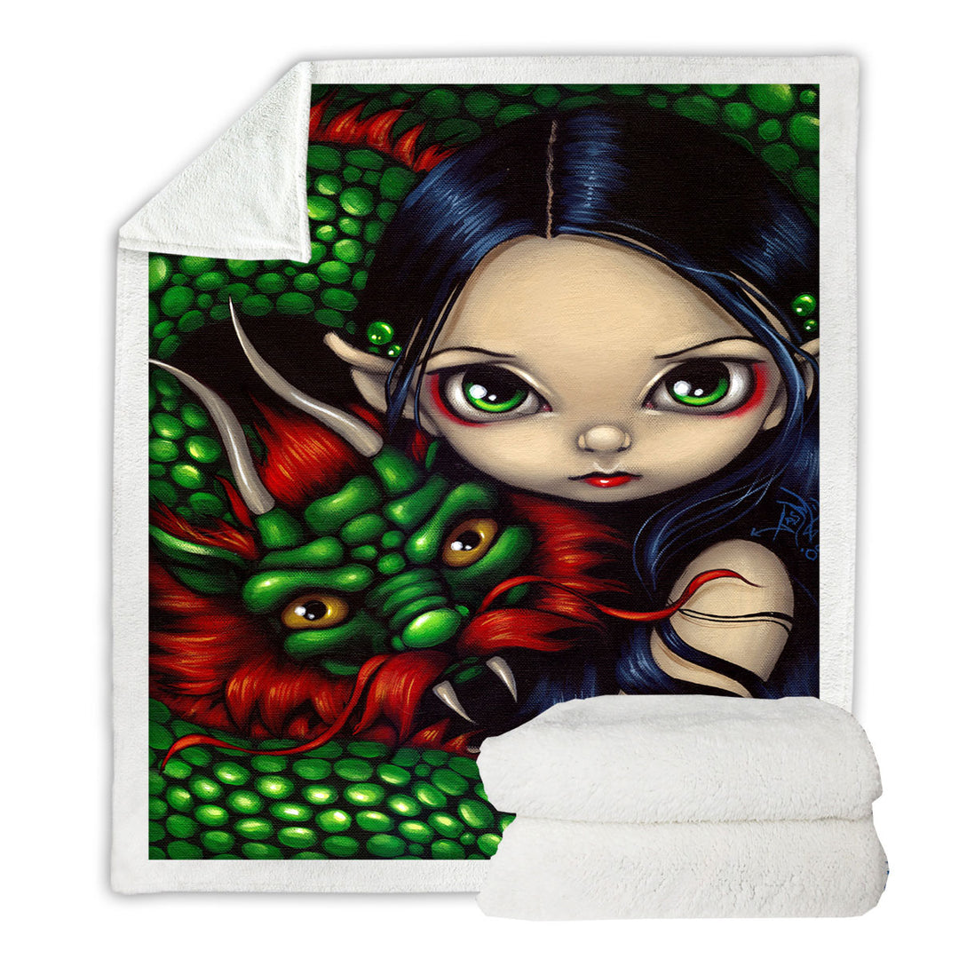 Emerald Guardian Elf Maiden and Her Chinese Dragon Throw Blanket