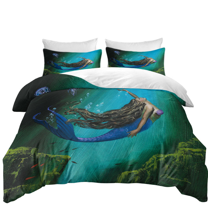 Enchantment Underwater Art Jellyfish and Mermaid Comforter Cover