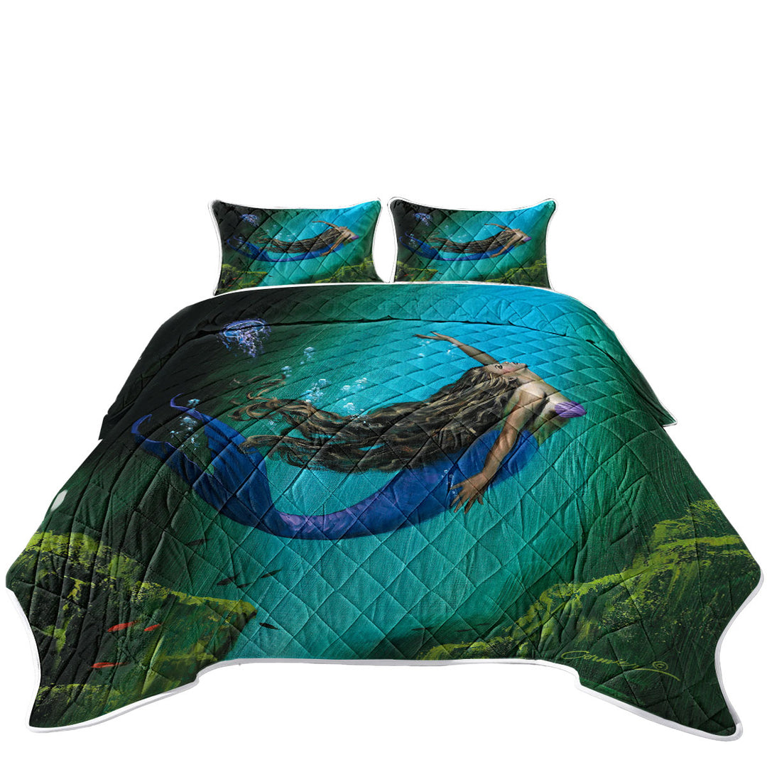 Enchantment Underwater Art Jellyfish and Mermaid Coverlet