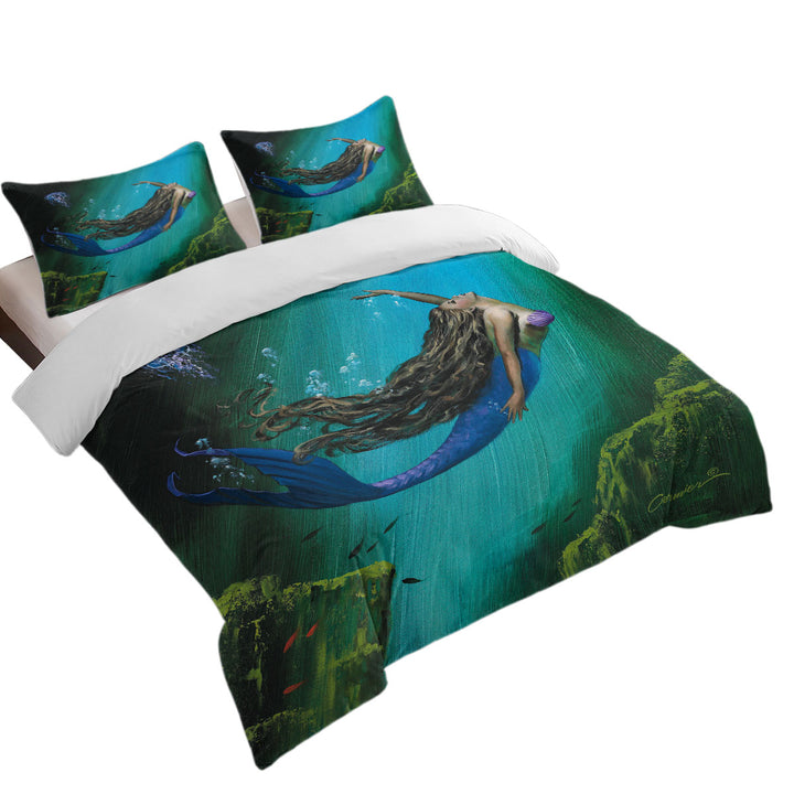 Enchantment Underwater Art Jellyfish and Mermaid Duvet Cover