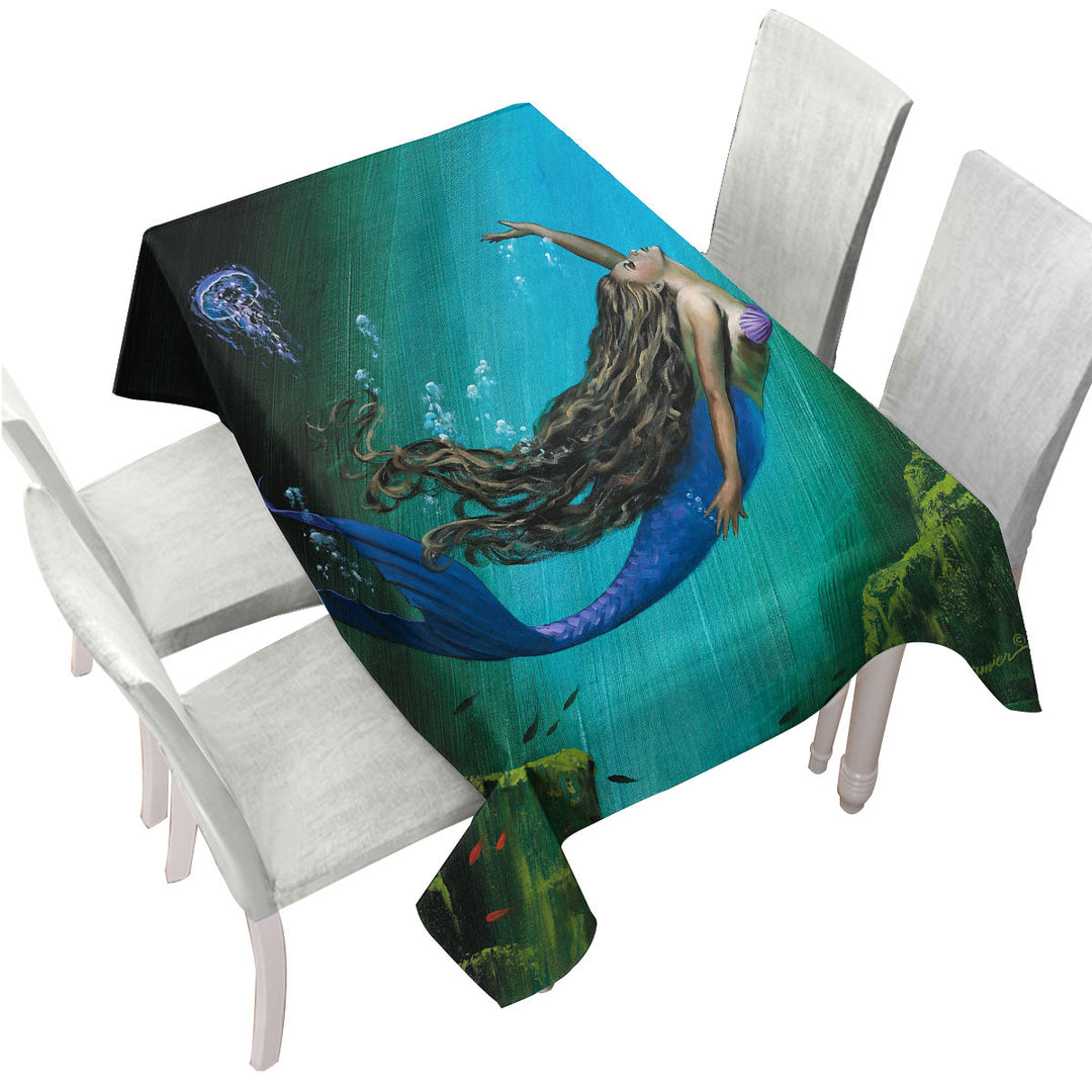 Enchantment Underwater Art Jellyfish and Mermaid Tablecloth