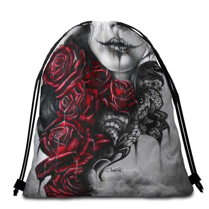 Entrap Dark Red Roses Gothic Girl Beach Towel Bags