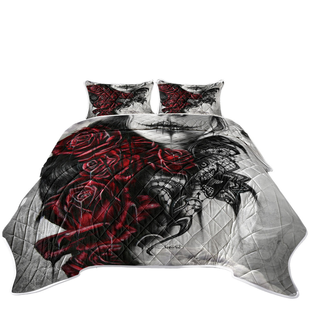 Entrap Dark Red Roses Gothic Girl Quilt