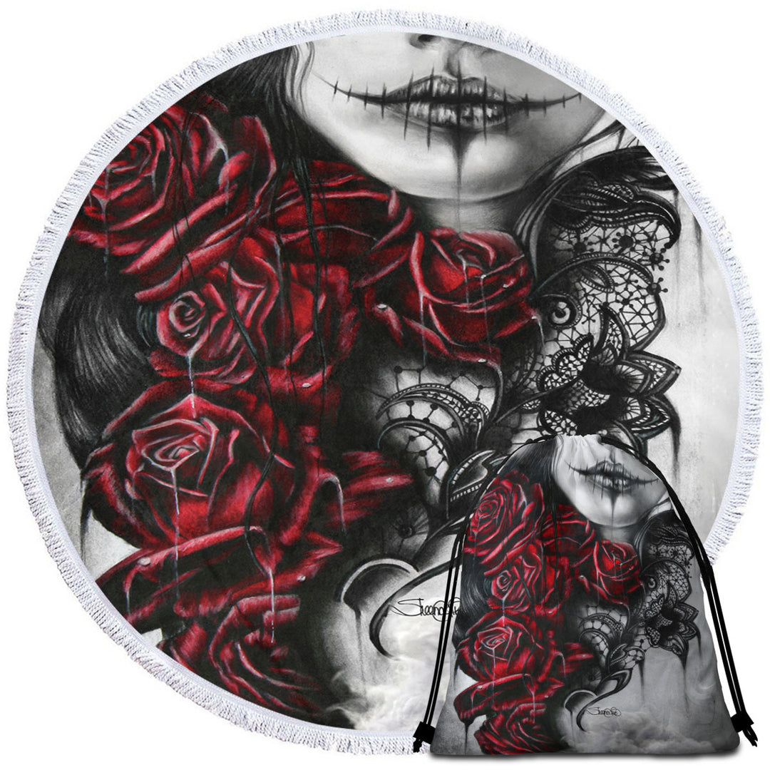 Entrap Dark Red Roses Gothic Girl Round Beach Towel