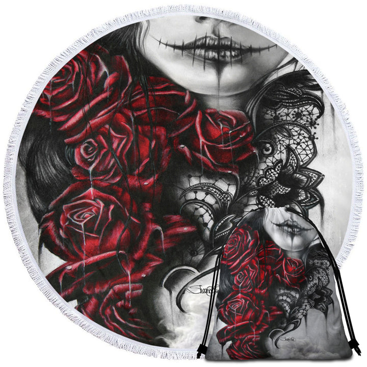 Entrap Dark Red Roses Gothic Girl Round Beach Towel