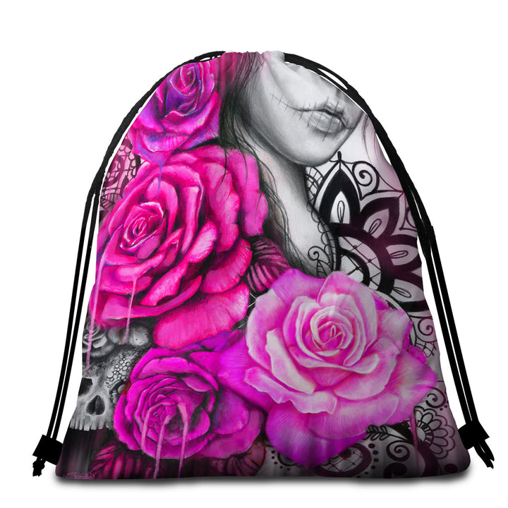 Entrap Hot Pink Roses Gothic Girl Beach Towel Bags