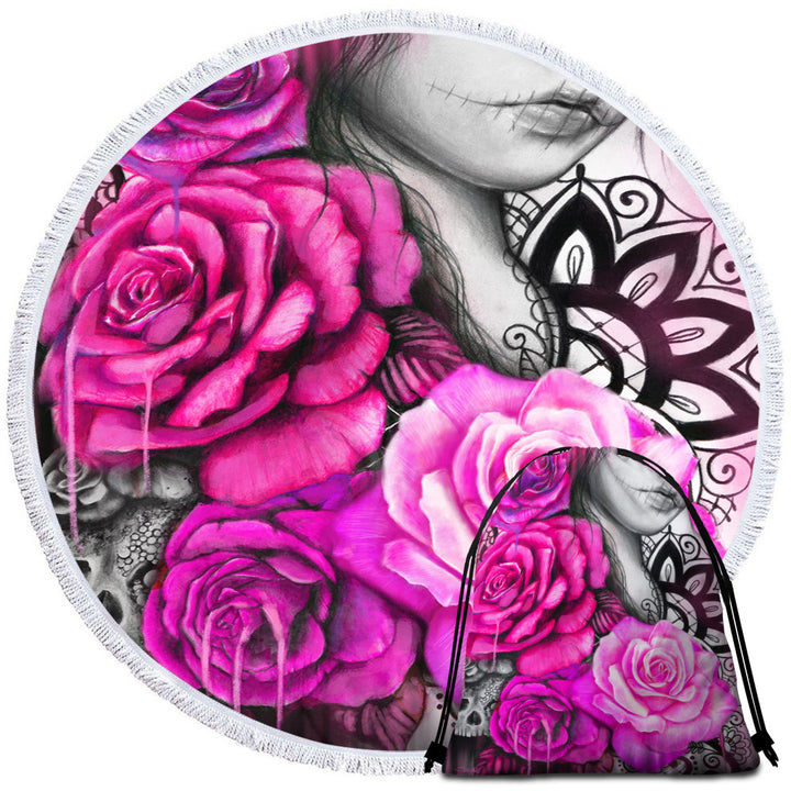 Entrap Hot Pink Roses Gothic Girl Circle Beach Towel