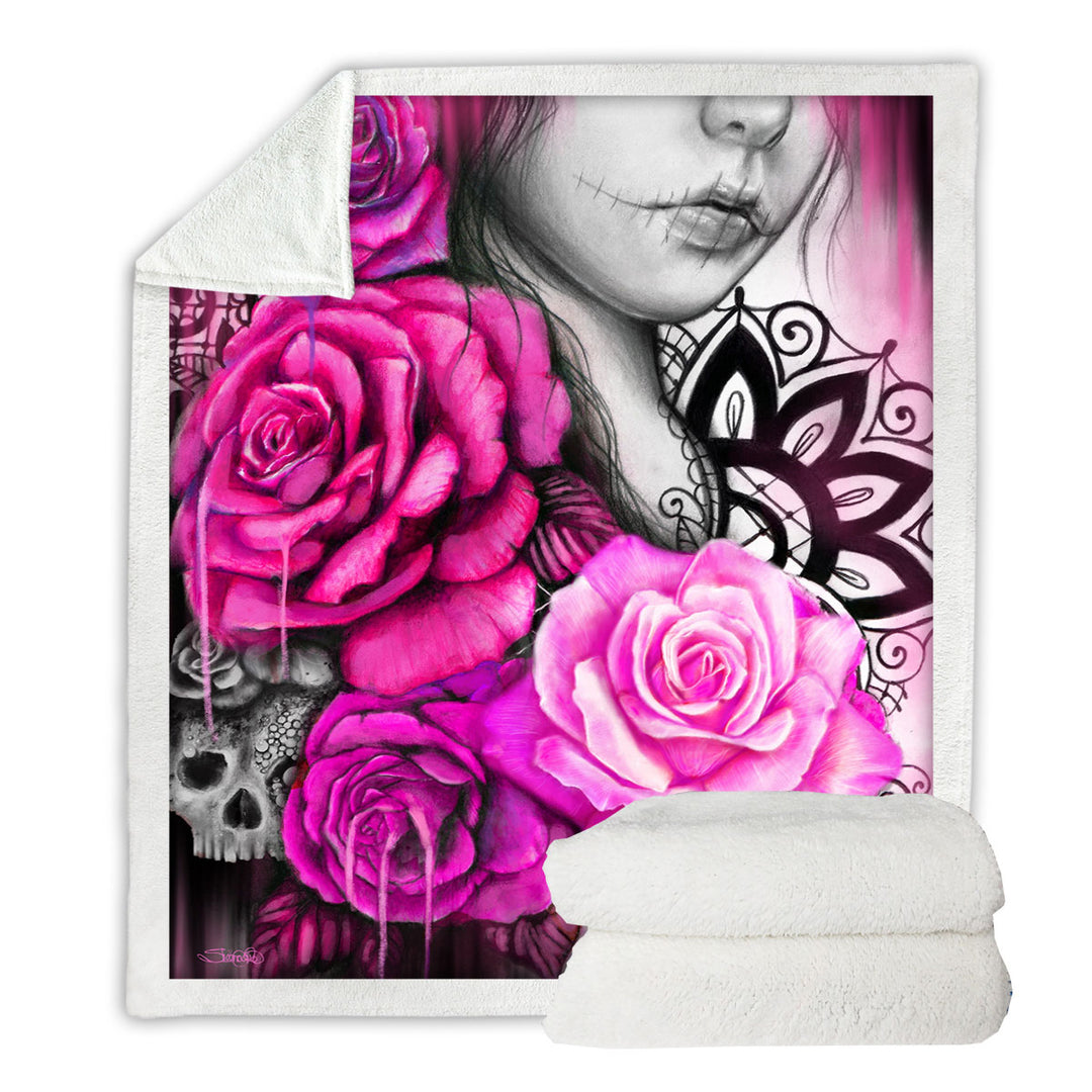 Entrap Hot Pink Roses Gothic Girl Fleece Blankets