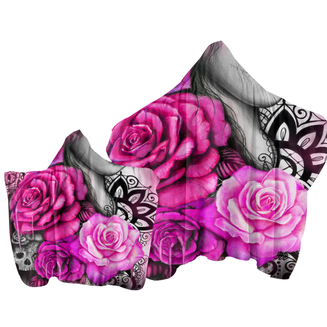 Entrap Hot Pink Roses Gothic Girl Hoodie Towel