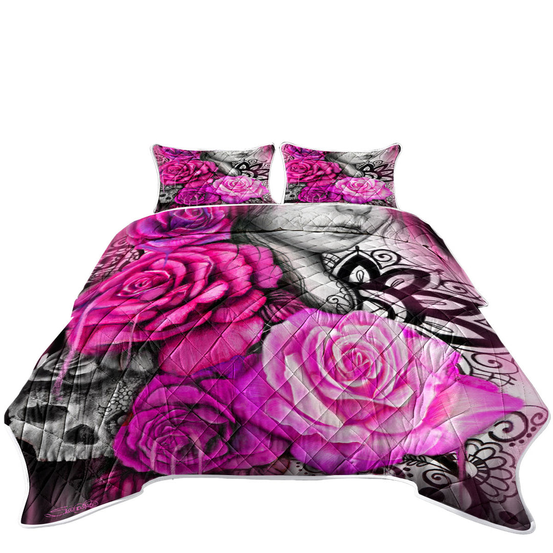 Entrap Hot Pink Roses Gothic Girl Quilt